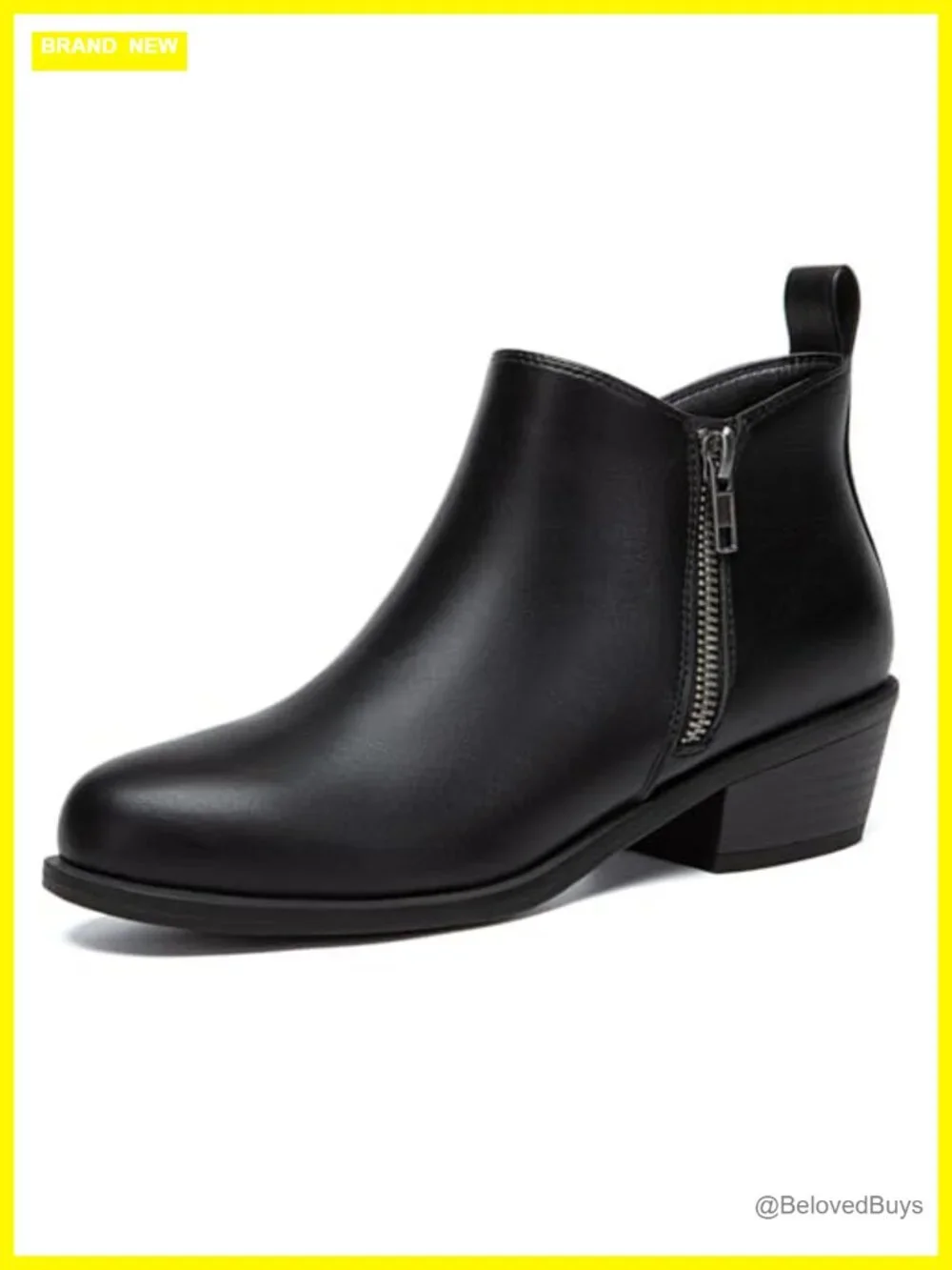 Chunky Low Heel Ankle Boots with Side Zipper PU Leather Round Toe